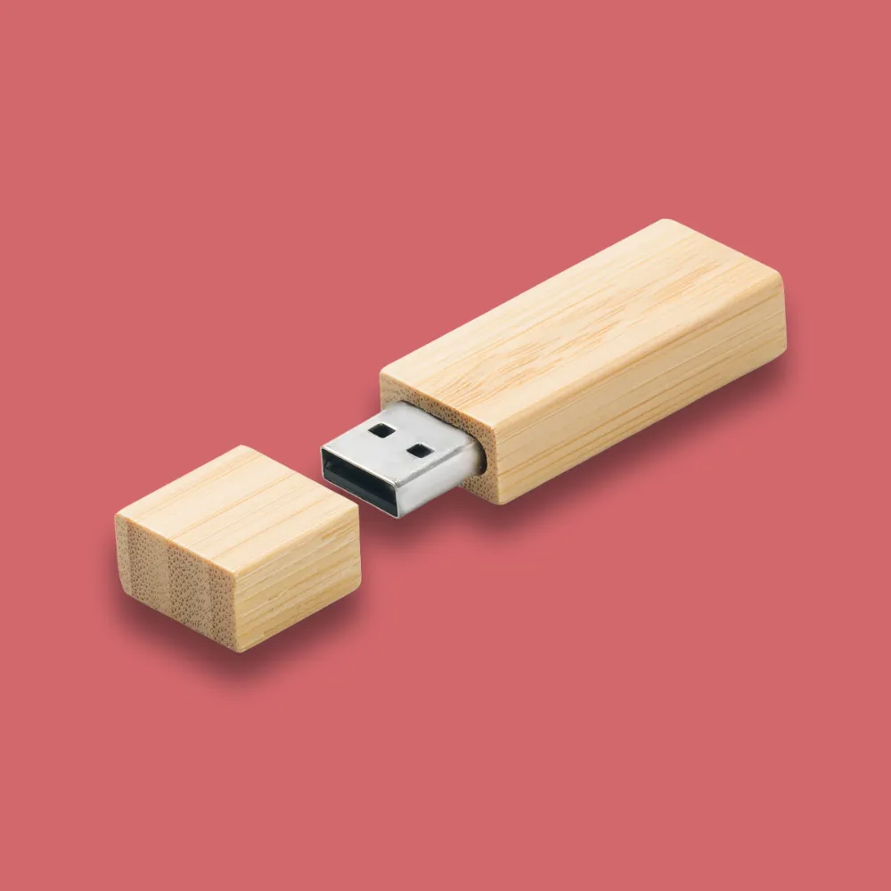 A colourful image of a wooden coated flash-drive respresenting the Eco-Friendly category for corporate gifts and promotional products.