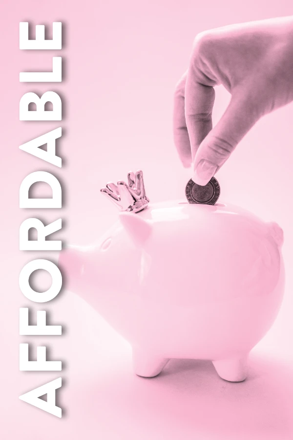 A pink tinted image of a person dropping a coin in a piggy bank. The image represents the Affordable lifestyle range of corporate gifts and promotional products.