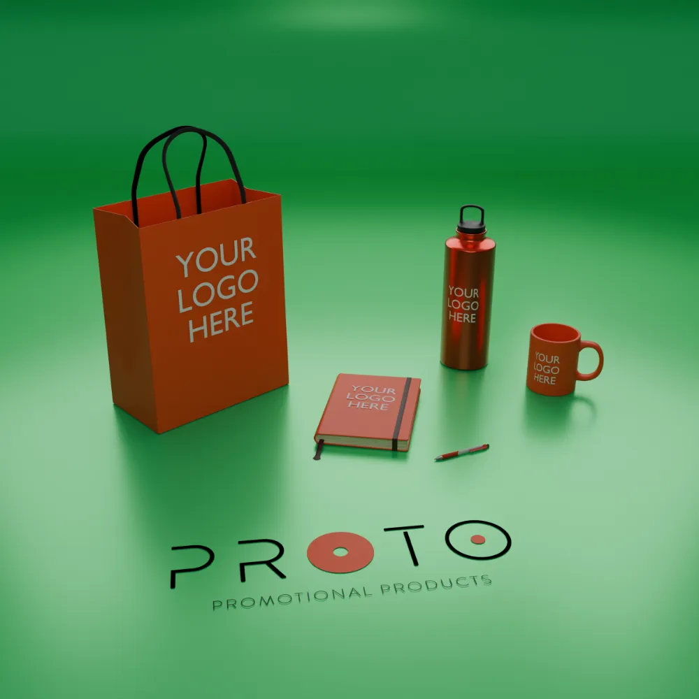 An image of the Proto Promotional Products logo with some branded corporate gifts neatly scattered around.