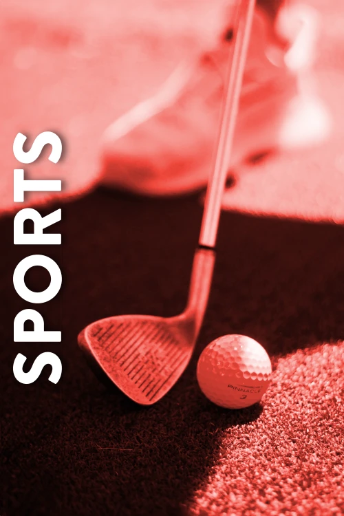 A red tinted image of a group of a person hitting a golf ball with a golf club. The image represents the Sports lifestyle range of corporate gifts and promotional products.