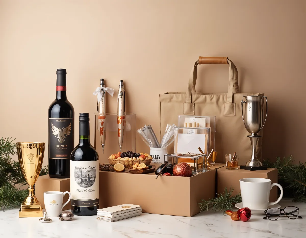 An image showing corporate gifts such as bottles of wine, trophies, and other gifts.