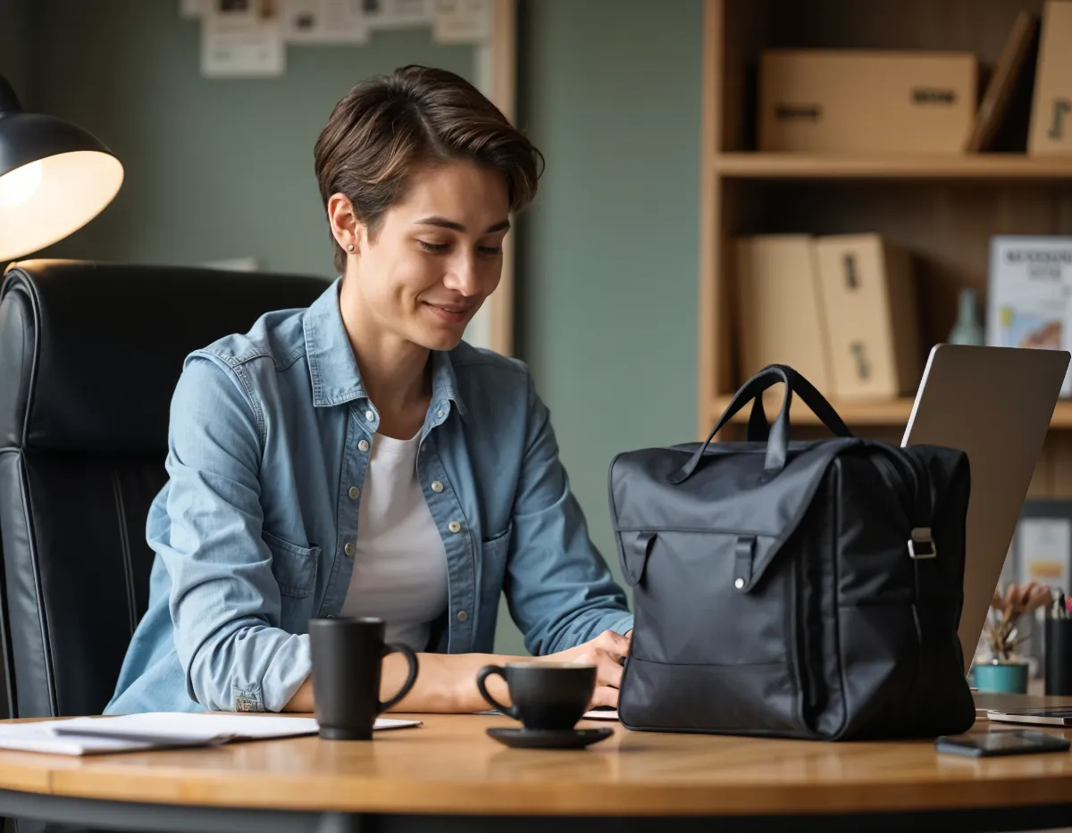 An image showing a woman sitting at a desk with some corporate gifts such as mugs and bag.