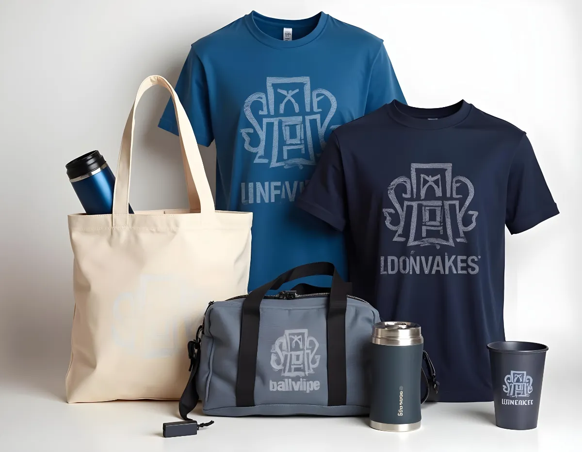 An image showing corporate gifts such as branded t-shirts, coffee mugs, and bags.