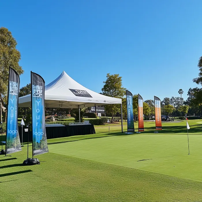 Branded display banners and gazebo on a golf course, showcasing creative golf day ideas for a professional event.
