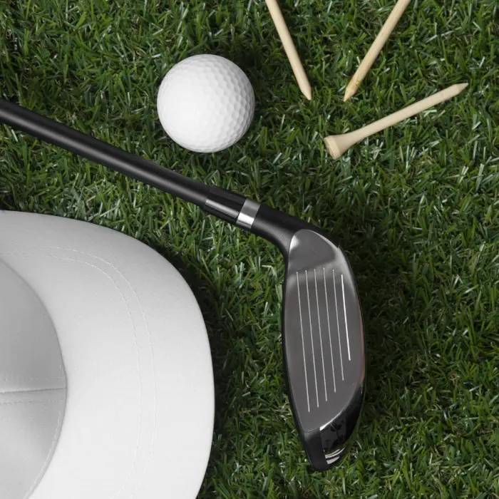 Putter, golf cap, golf ball, and tee on grass, representing creative golf day ideas for corporate or fundraising events.